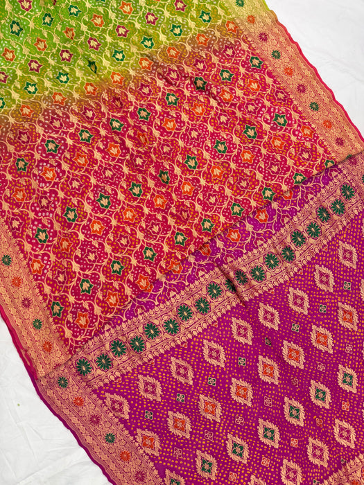 Handwoven Multi shaded Pure Georgette Bandhani Banarasi Saree - Meenakari Work