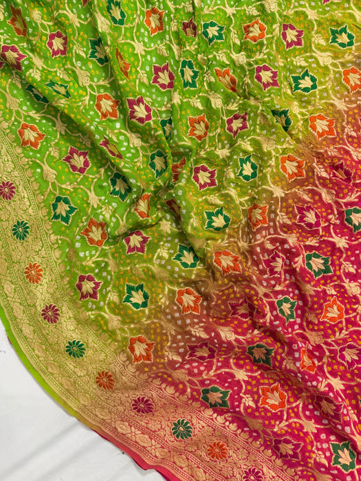 Handwoven Multi shaded Pure Georgette Bandhani Banarasi Saree - Meenakari Work
