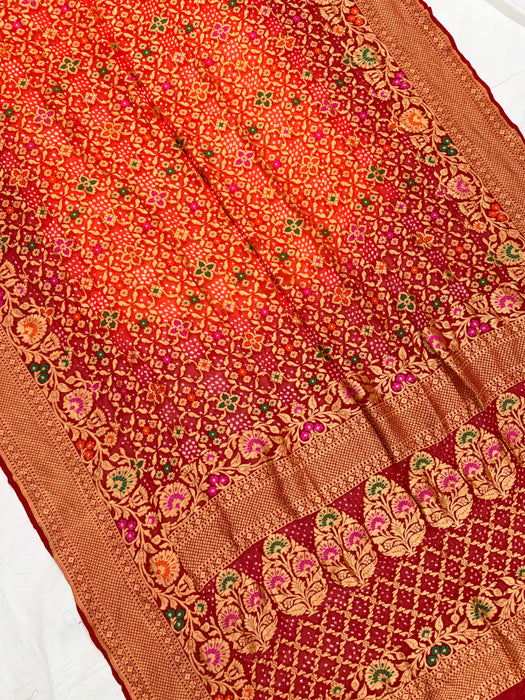 Handwoven Orange Pure Georgette Bandhani Banarasi Saree - Meenakari Work