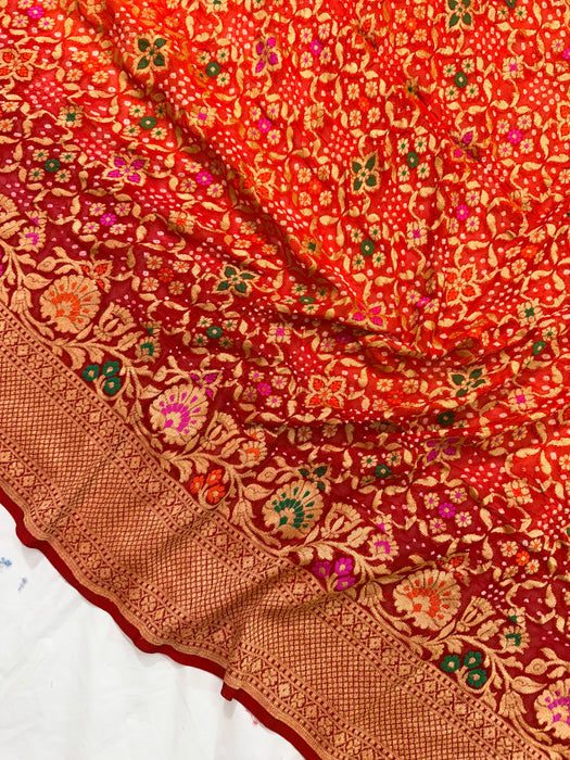 Handwoven Orange Pure Georgette Bandhani Banarasi Saree - Meenakari Work