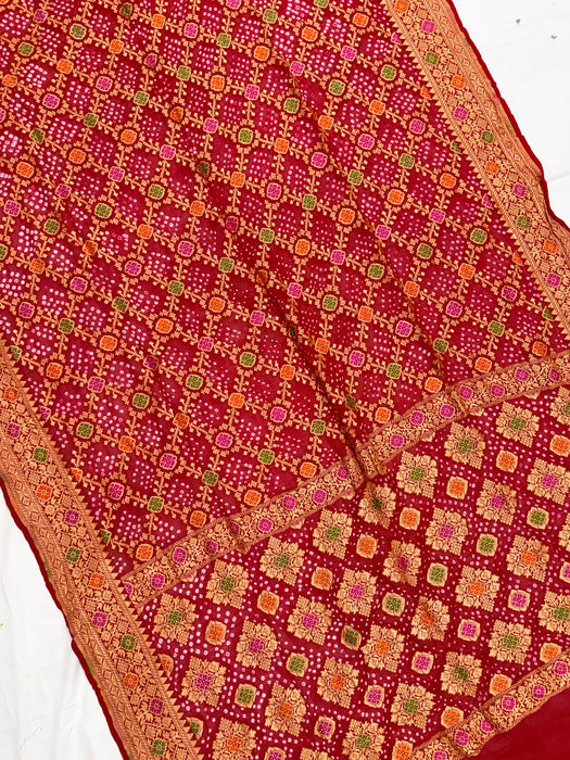 Handwoven Red Pure Georgette Bandhani Banarasi Saree - Meenakari Work