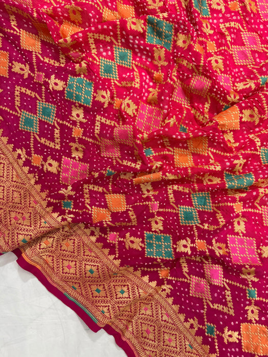 Handwoven Pure Georgette Bandhani Banarasi Saree - Meenakari Work