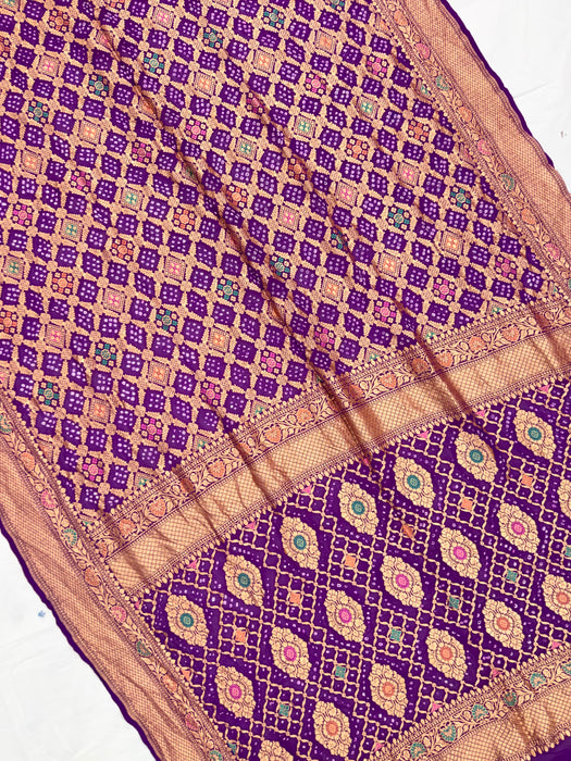 Handwoven Purple Pure Georgette Bandhani Banarasi Saree - Meenakari Work
