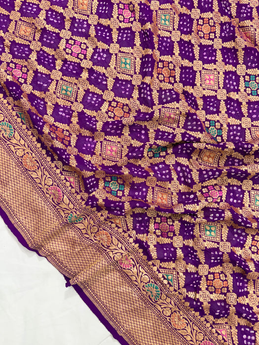 Handwoven Purple Pure Georgette Bandhani Banarasi Saree - Meenakari Work