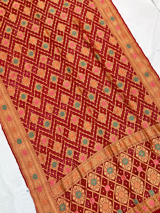 Handwoven Red Pure Georgette Bandhani Banarasi Saree - Meenakari Work