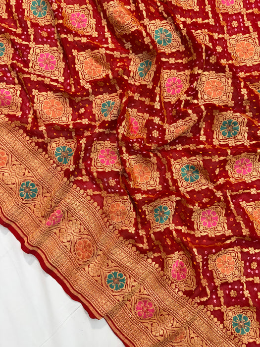 Handwoven Red Pure Georgette Bandhani Banarasi Saree - Meenakari Work