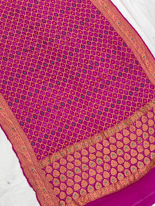 Handwoven Hot Pink Pure Georgette Bandhani Banarasi Saree - Meenakari Work