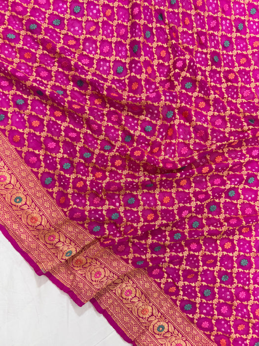 Handwoven Hot Pink Pure Georgette Bandhani Banarasi Saree - Meenakari Work