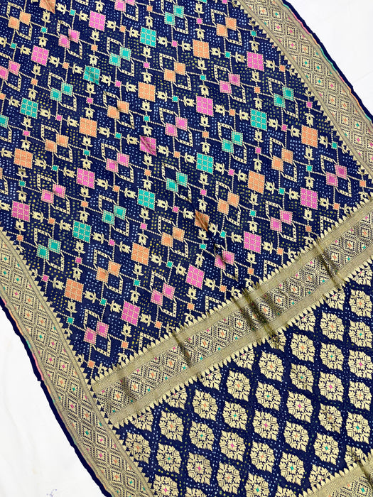 Handwoven Navy Pure Georgette Bandhani Banarasi Saree - Meenakari Work