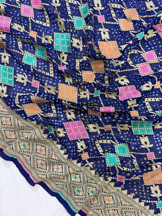 Handwoven Navy Pure Georgette Bandhani Banarasi Saree - Meenakari Work