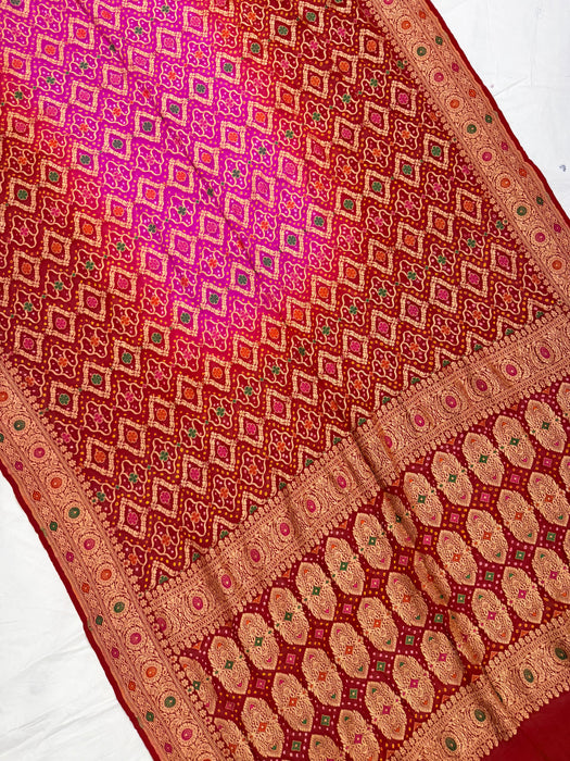 Handwoven Red Pure Georgette Bandhani Banarasi Saree - Meenakari Work
