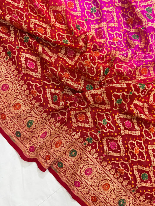 Handwoven Red Pure Georgette Bandhani Banarasi Saree - Meenakari Work