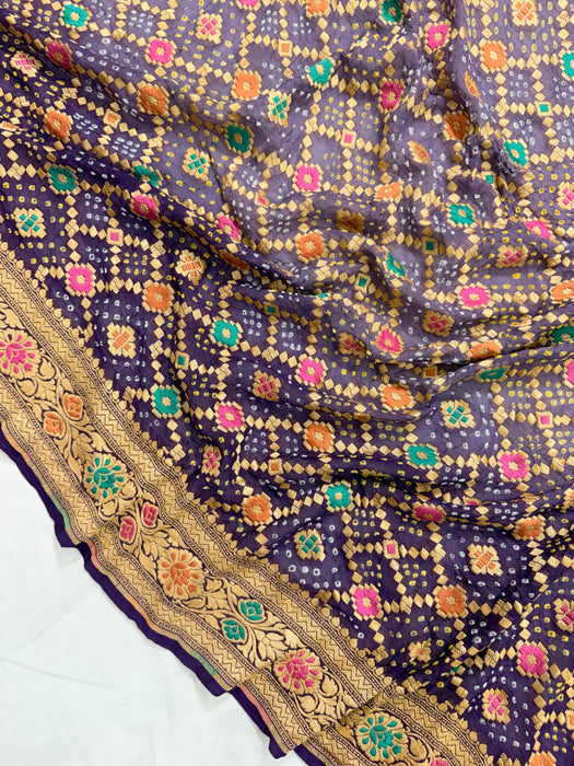 Handwoven Pure Georgette Bandhani Banarasi Saree - Meenakari Work
