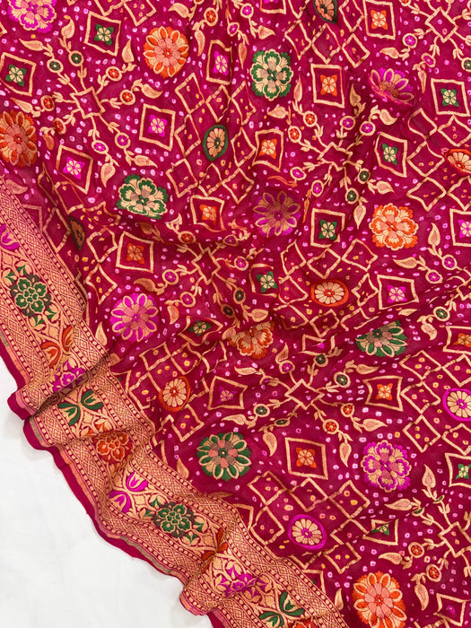 Handwoven Rani Pure Georgette Bandhani Banarasi Saree - Meenakari Work