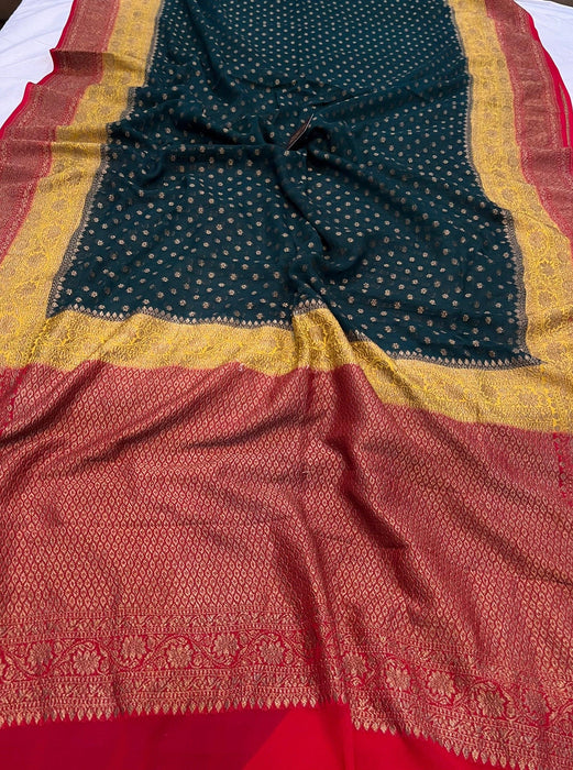 3D Khaddi Georgette Banarasi Handloom Saree - Antique Zari