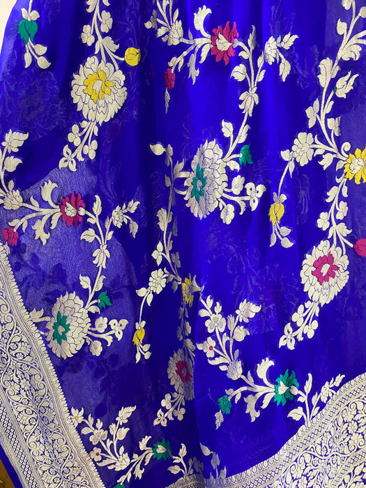 Blue Pure Chiffon Banarasi Handloom Dupatta - Water Zari