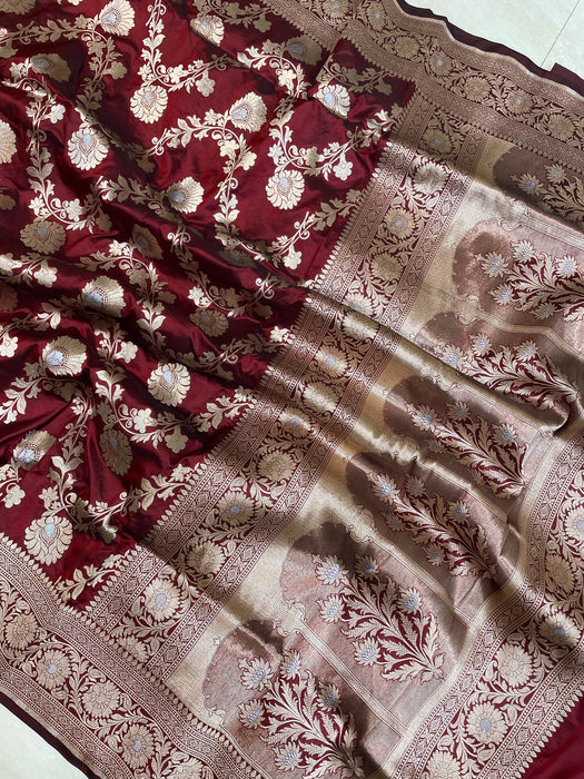 Spanish Maroon Pure Katan Banarasi Handloom Saree - Sona Roopa Jaal Work