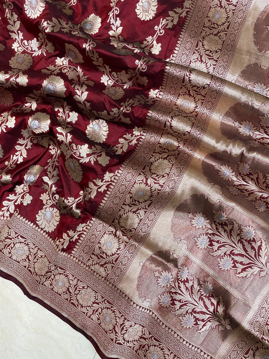 Spanish Maroon Pure Katan Banarasi Handloom Saree - Sona Roopa Jaal Work