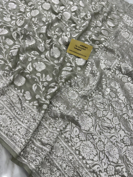 Gray Pure Georgette Banarasi Saree - Water zari