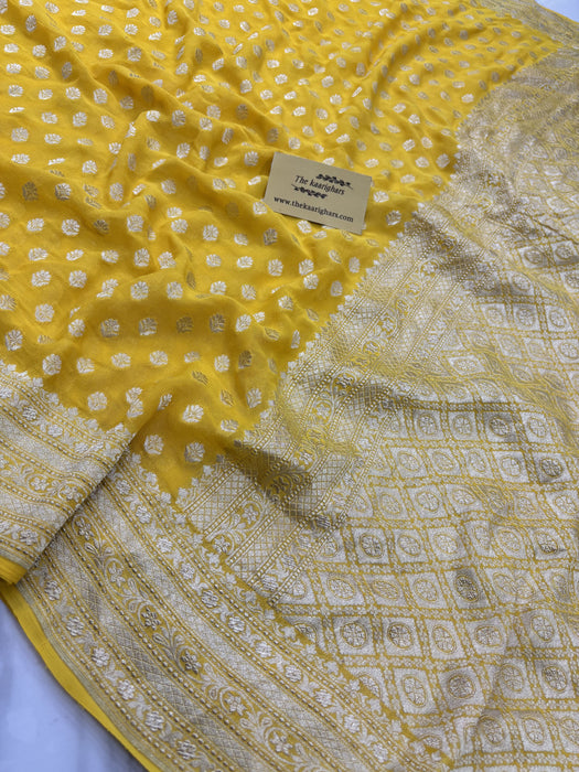 Dirty Yellow Pure Khaddi Georgette Banarasi Saree - Water zari