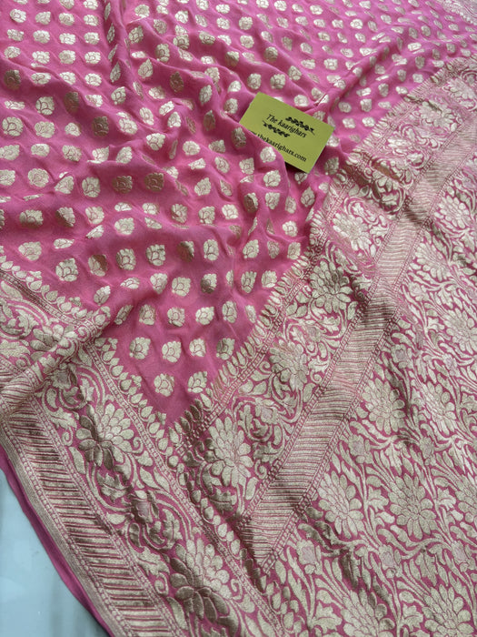 Italian Pink Pure Khaddi Georgette Banarasi Saree - Water zari