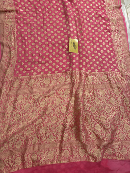 Italian Pink Pure Khaddi Georgette Banarasi Saree - Water zari