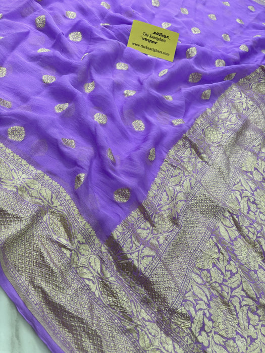 Dirty Lavender Pure Khaddi Georgette Banarasi Saree - Water zari