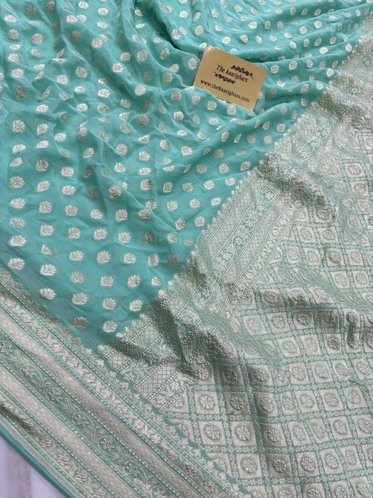 Sea Green Pure Khaddi Georgette Banarasi Saree - Water zari