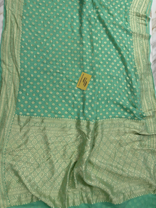 Sea Green Pure Khaddi Georgette Banarasi Saree - Water zari