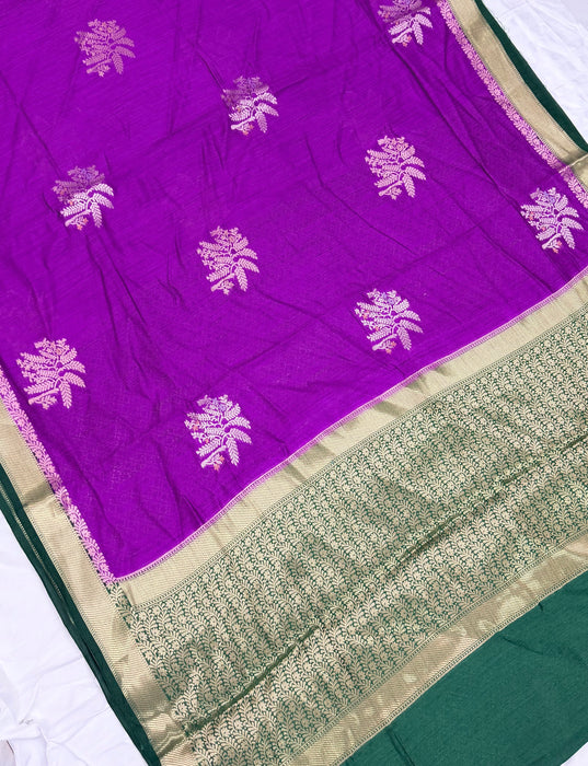 Purple and Green Pure Moonga Banarasi Handloom Saree - Designer Saree