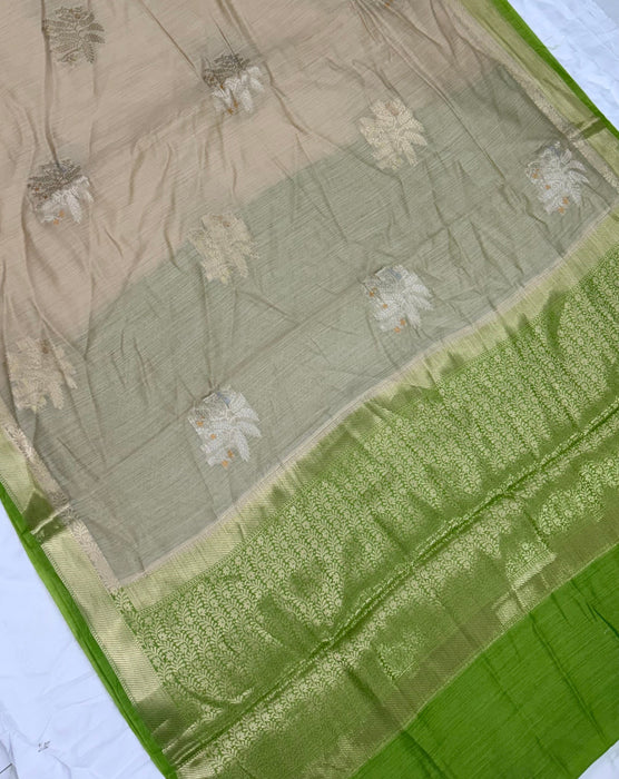 Beige Pure Moonga Banarasi Handloom Saree - Designer Saree