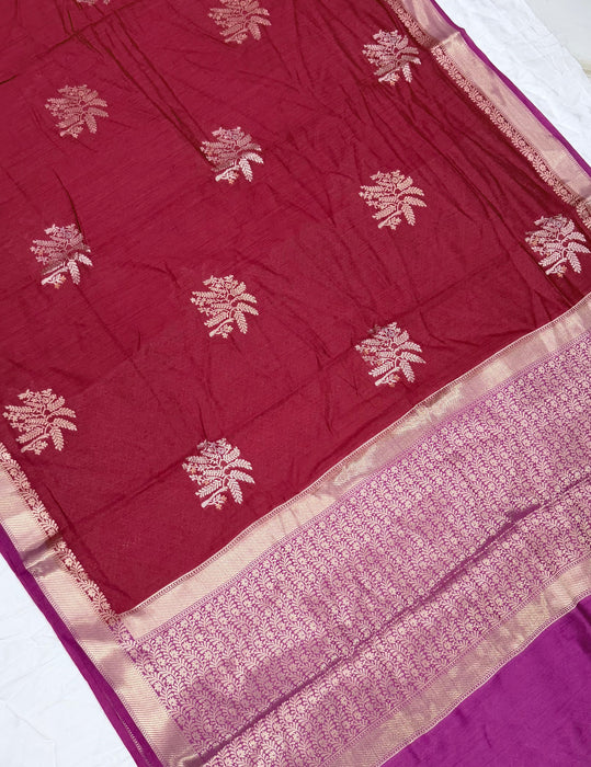 Red and Rani Pure Moonga Banarasi Handloom Saree - Designer Saree