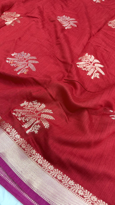 Red and Rani Pure Moonga Banarasi Handloom Saree - Designer Saree