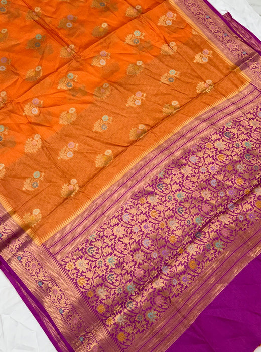 Orange Desi Tussar Banarasi Handloom Saree - Meenakari Motifs