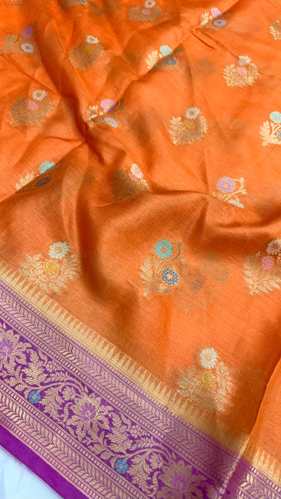 Orange Desi Tussar Banarasi Handloom Saree - Meenakari Motifs
