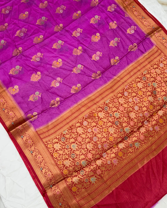Fuchsia Desi Tussar Banarasi Handloom Saree - Meenakari Motifs