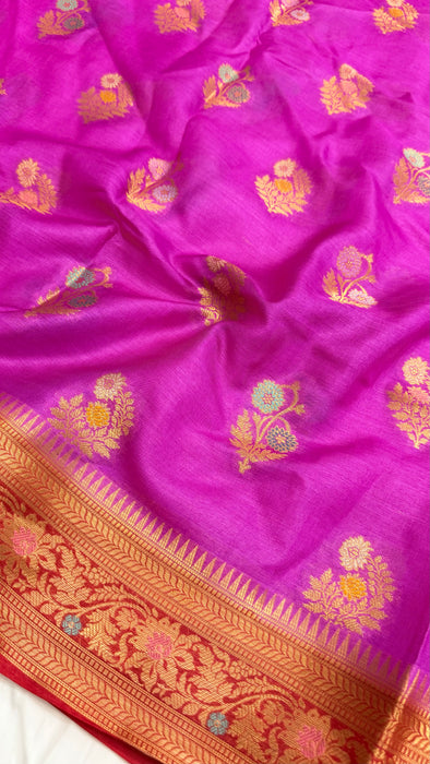 Fuchsia Desi Tussar Banarasi Handloom Saree - Meenakari Motifs