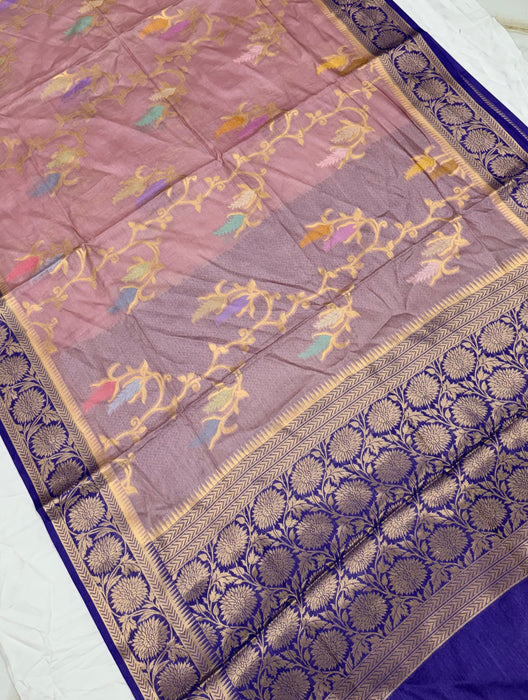 Light Pink Desi Tussar Banarasi Handloom Saree - Meenakari Jaal