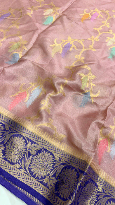 Light Pink Desi Tussar Banarasi Handloom Saree - Meenakari Jaal