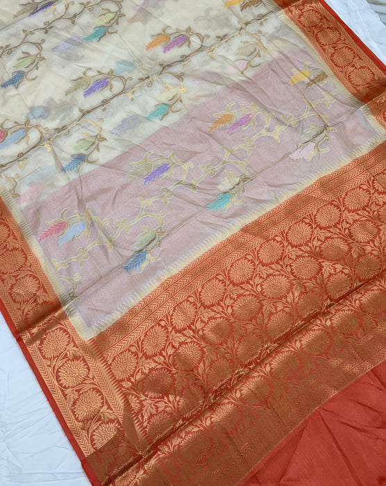 Off white Desi Tussar Banarasi Handloom Saree - Meenakari Jaal