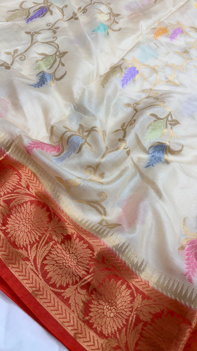 Off white Desi Tussar Banarasi Handloom Saree - Meenakari Jaal