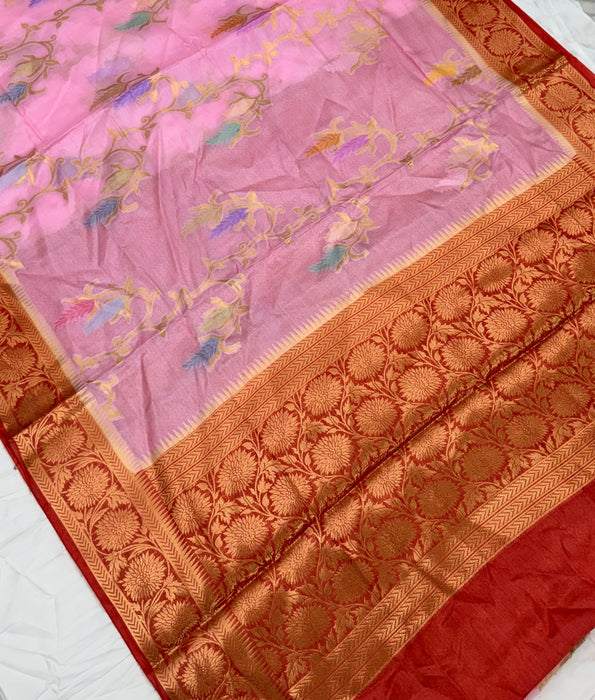 Pink Desi Tussar Banarasi Handloom Saree - Meenakari Jaal