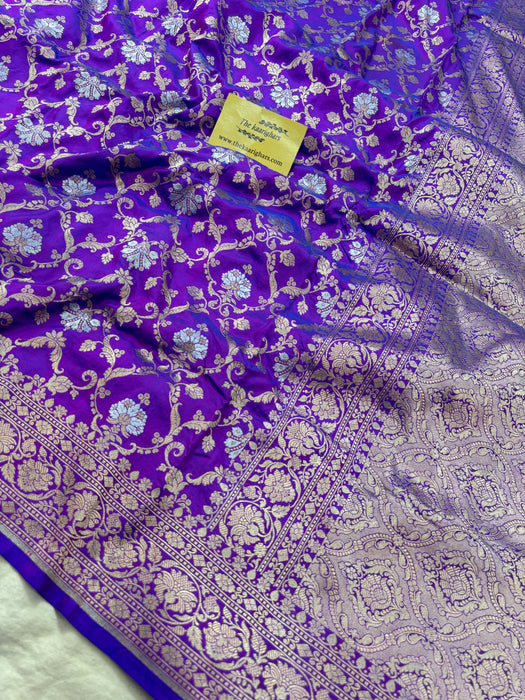 Dual Purple Pure Katan Banarasi Handloom Saree - Sona Roopa Jaal Work