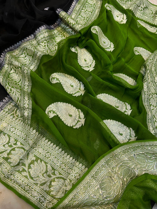 Black Green Pure Kadhwa Chiffon  Banarasi Saree