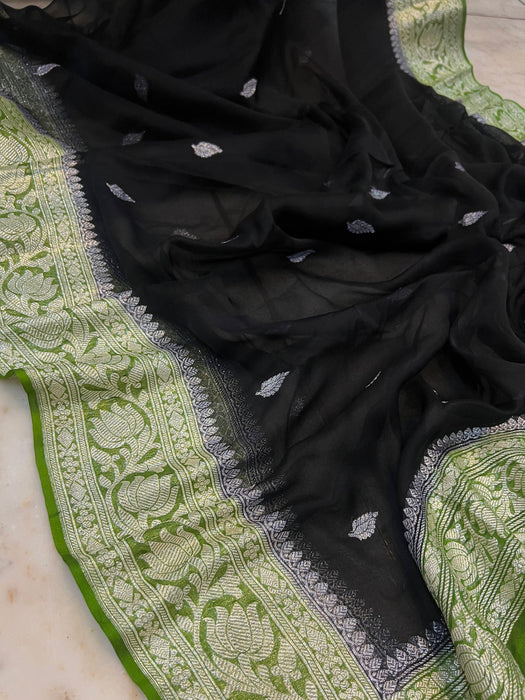 Black Green Pure Kadhwa Chiffon  Banarasi Saree