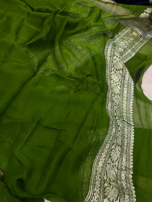 Black Green Pure Kadhwa Chiffon  Banarasi Saree