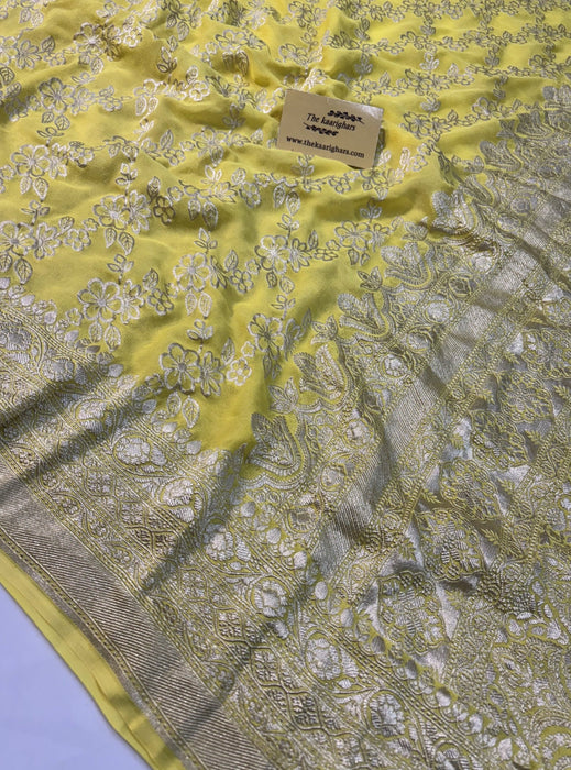 Yellow Pure Khaddi Georgette Banarasi Saree -  Water Zari