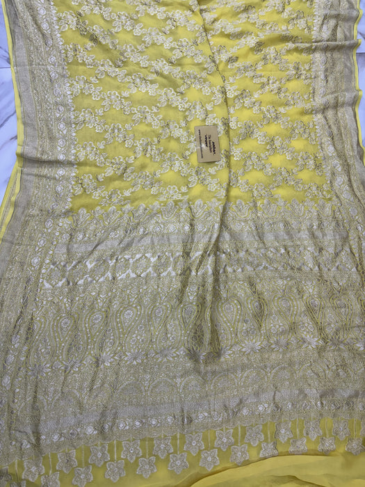 Yellow Pure Khaddi Georgette Banarasi Saree -  Water Zari