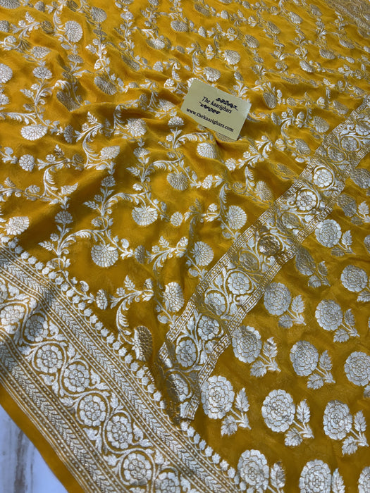 Mustard Pure Khaddi Georgette Banarasi Saree -  Water Zari