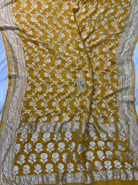 Mustard Pure Khaddi Georgette Banarasi Saree -  Water Zari